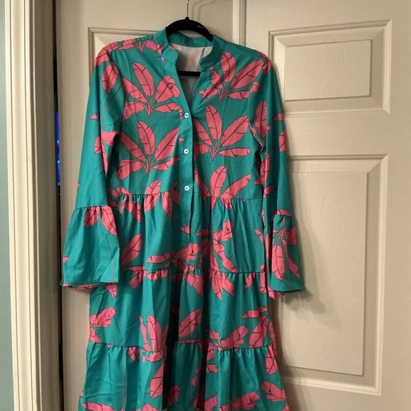Teal and Pink Leaf Print Dress - Picture 4 of 5
